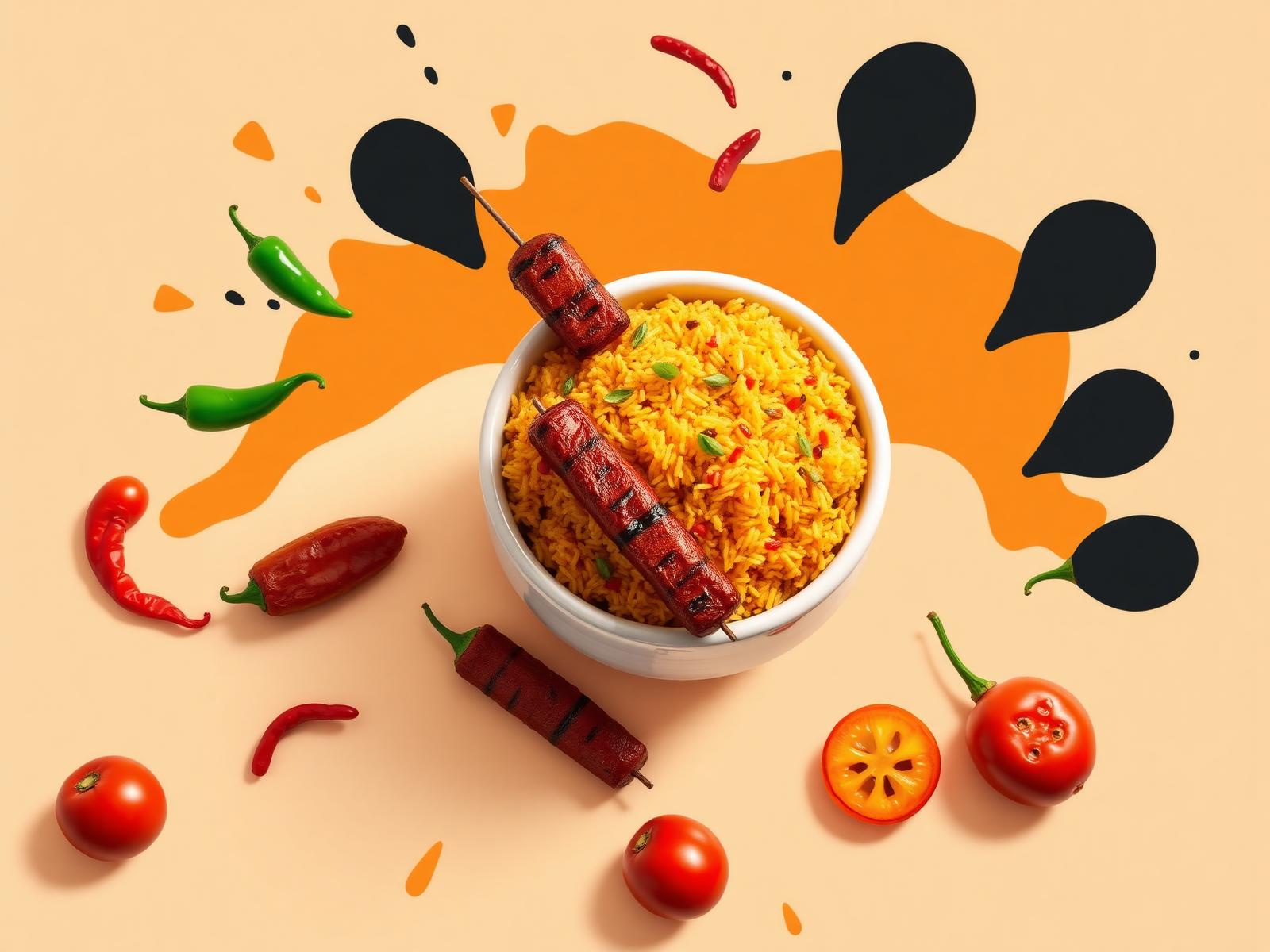 Jollof rice with suya skewers